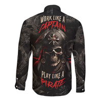 Black long-sleeve button shirt with pirate skull graphic on back, red accents.