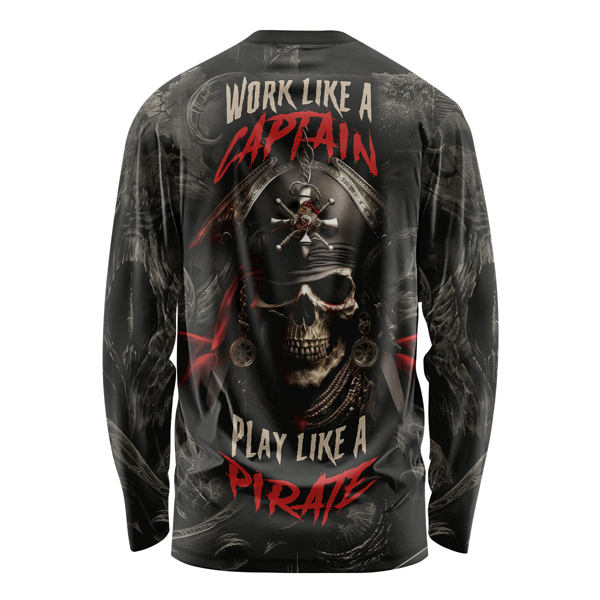 Black long-sleeve pirate graphic shirt, back skull with red text and flames