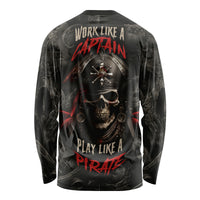 Black long-sleeve pirate graphic shirt, back skull with red text and flames