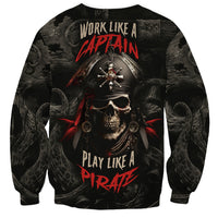 Unisex black sweatshirt with pirate skull, swords, and red text graphics