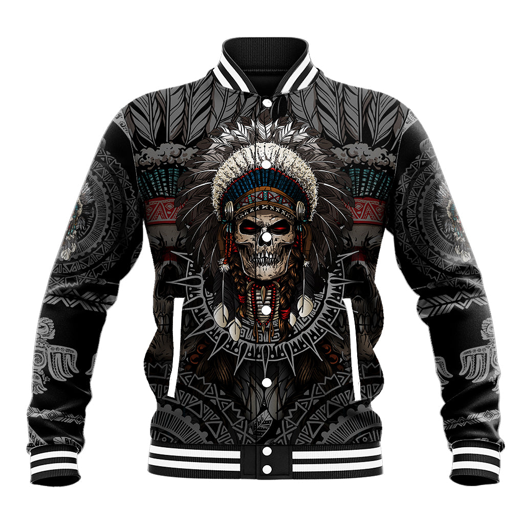 Black baseball jacket with Native warrior skull graphic, striped ribbed collar and cuffs.