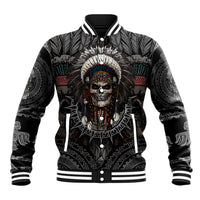 Black baseball jacket with Native warrior skull graphic, striped ribbed collar and cuffs.