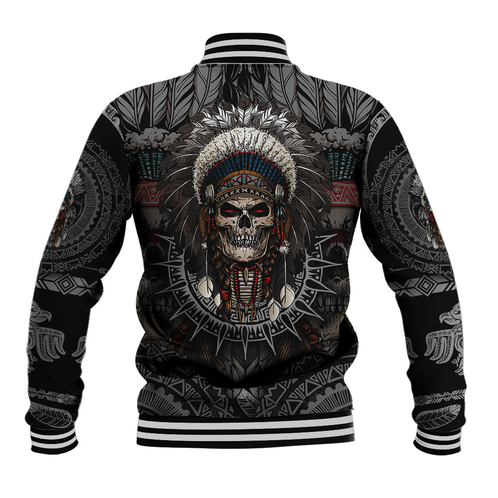 Black baseball jacket, back view with Native warrior skull artwork and striped ribbed hem.