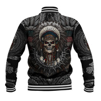 Black baseball jacket, back view with Native warrior skull artwork and striped ribbed hem.