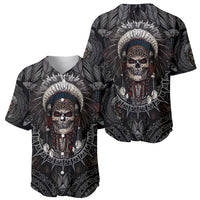 Two black baseball jerseys showing Native skull headdress front graphics, short sleeves