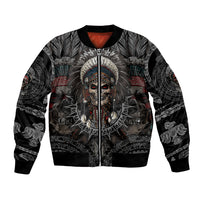 Black bomber jacket with front zipper and Native skull warrior graphic, ribbed cuffs