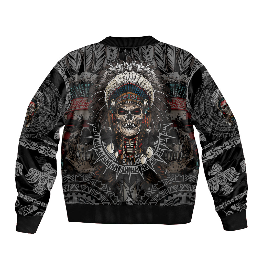 Black bomber jacket with Native skull warrior graphic on back, ribbed hem and cuffs