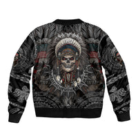 Black bomber jacket with Native skull warrior graphic on back, ribbed hem and cuffs