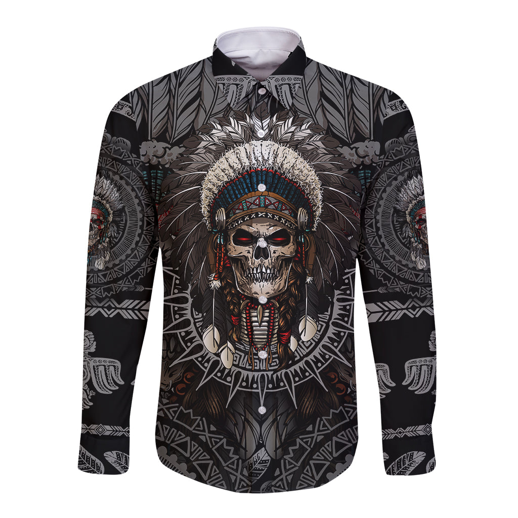 Unisex black long-sleeve button shirt with colorful skull warrior front graphic