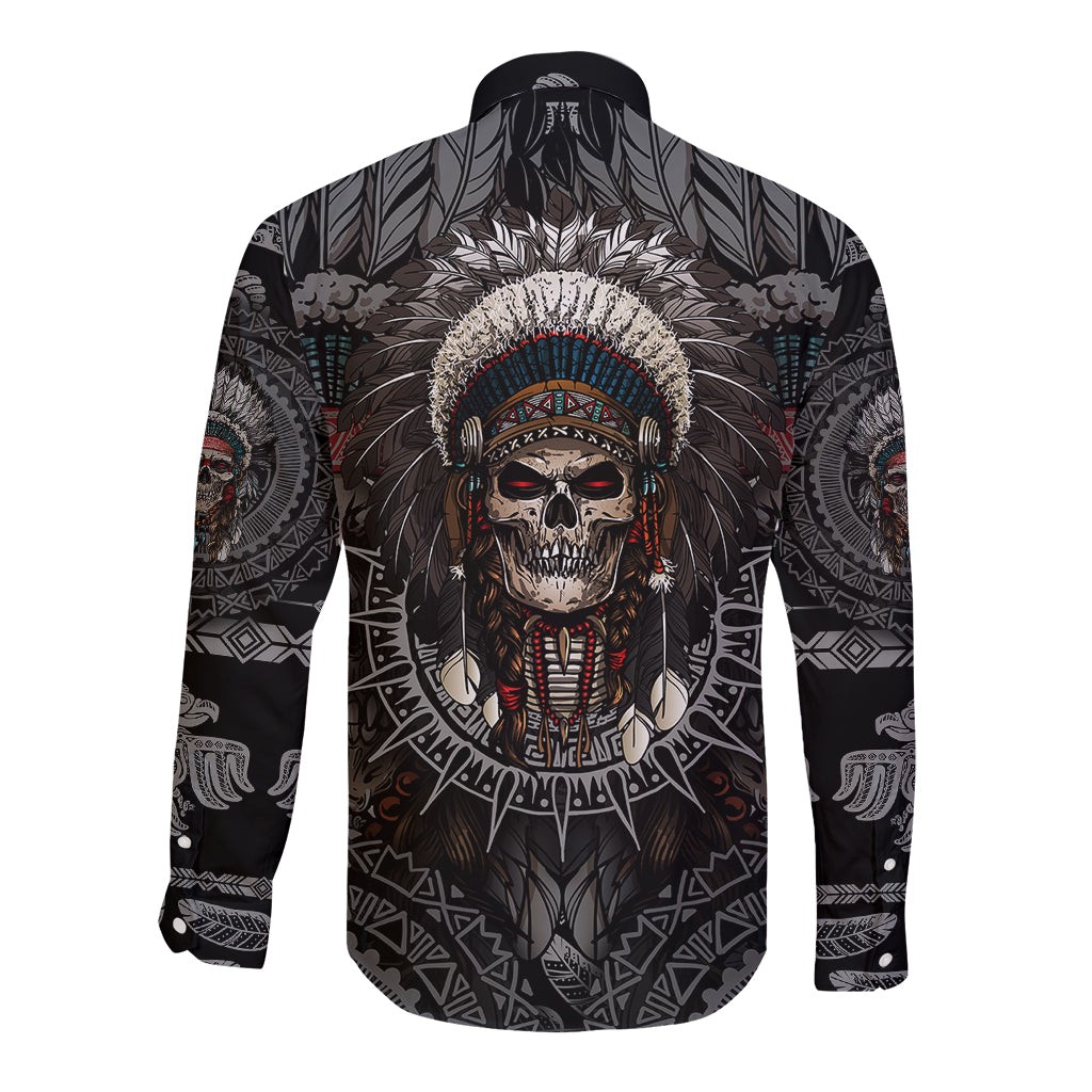 Unisex black long-sleeve button shirt with colorful skull warrior back graphic