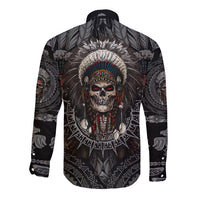 Unisex black long-sleeve button shirt with colorful skull warrior back graphic