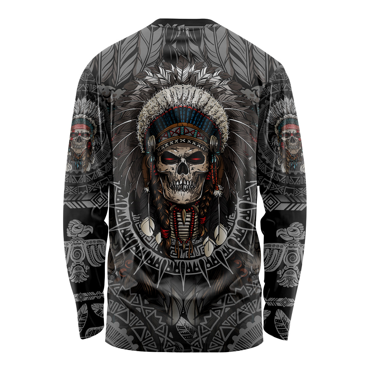 Black long sleeve shirt back view with skull headdress emblem and tribal sleeve patterns