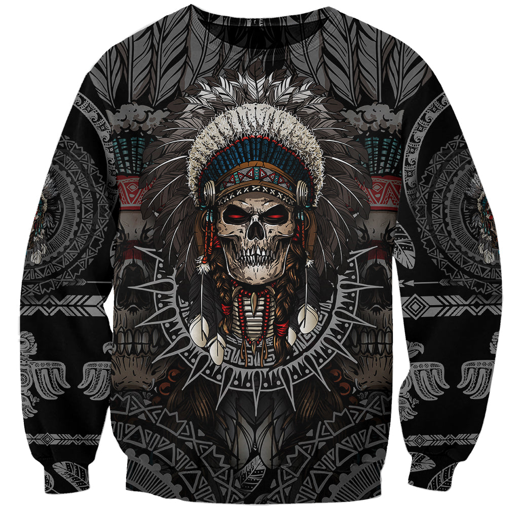 Unisex black crewneck sweatshirt with Native warrior skull front graphic and feather headdress