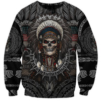 Unisex black crewneck sweatshirt with Native warrior skull front graphic and feather headdress