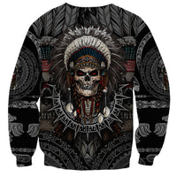 Unisex black crewneck sweatshirt with Native skull warrior front print and patterned sleeve details