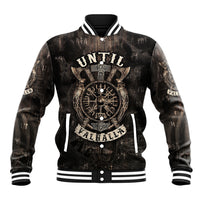 Black unisex baseball jacket with Viking crest graphic, ribbed striped collar and cuffs