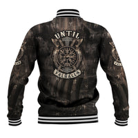 Black unisex baseball jacket with large back Viking emblem, ribbed striped hem and cuffs