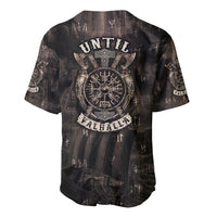 Viking baseball jersey back view in dark charcoal with 'UNTIL' and 'VALHALLA' crest