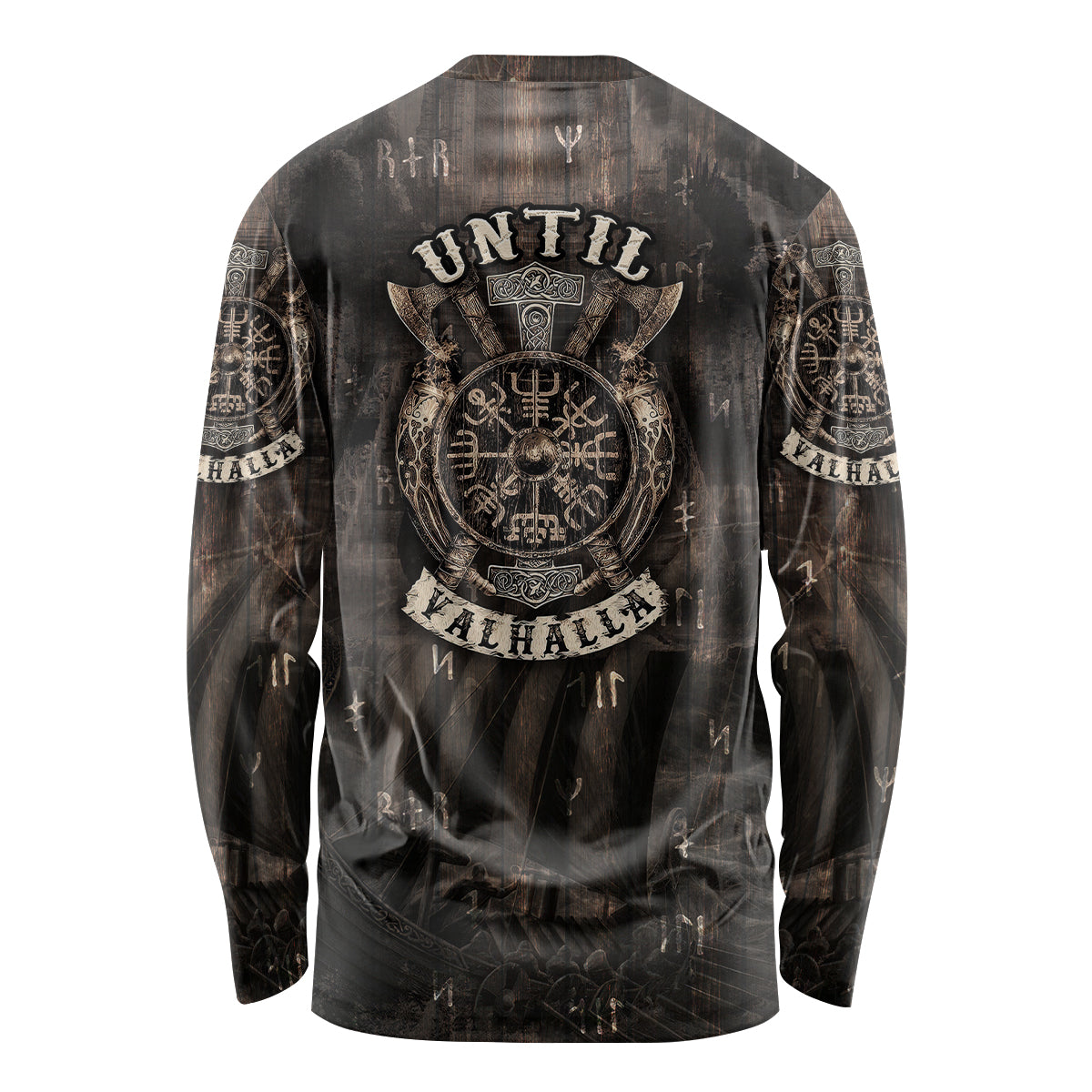 Viking long-sleeve shirt, back view, dark multicolor skull emblem with rune details