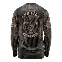 Viking long-sleeve shirt, back view, dark multicolor skull emblem with rune details