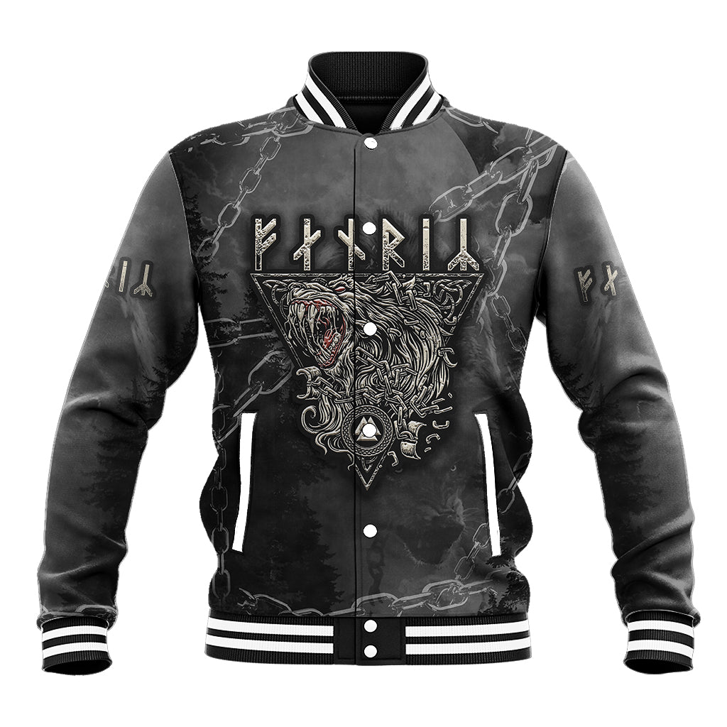 Black baseball varsity jacket with white striped collar and wolf graphic front