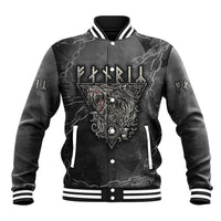 Black baseball varsity jacket with white striped collar and wolf graphic front