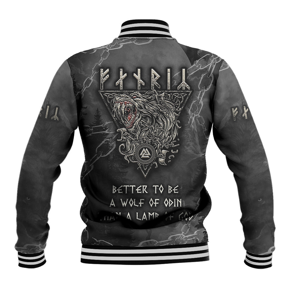 Black baseball varsity jacket with white striped back collar and wolf graphic