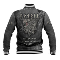 Black baseball varsity jacket with white striped back collar and wolf graphic