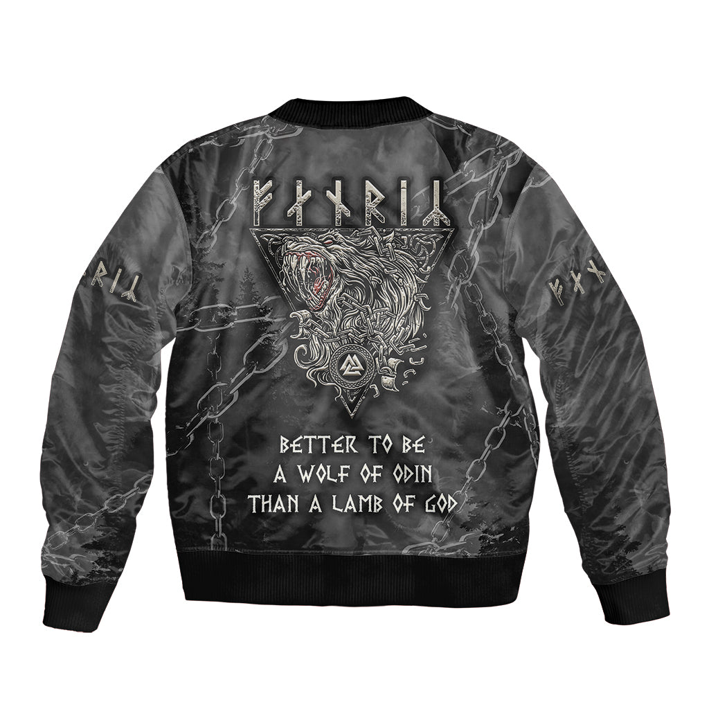 Black bomber jacket with back wolf crest, chain pattern, ribbed hem and cuffs