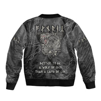 Black bomber jacket with back wolf crest, chain pattern, ribbed hem and cuffs