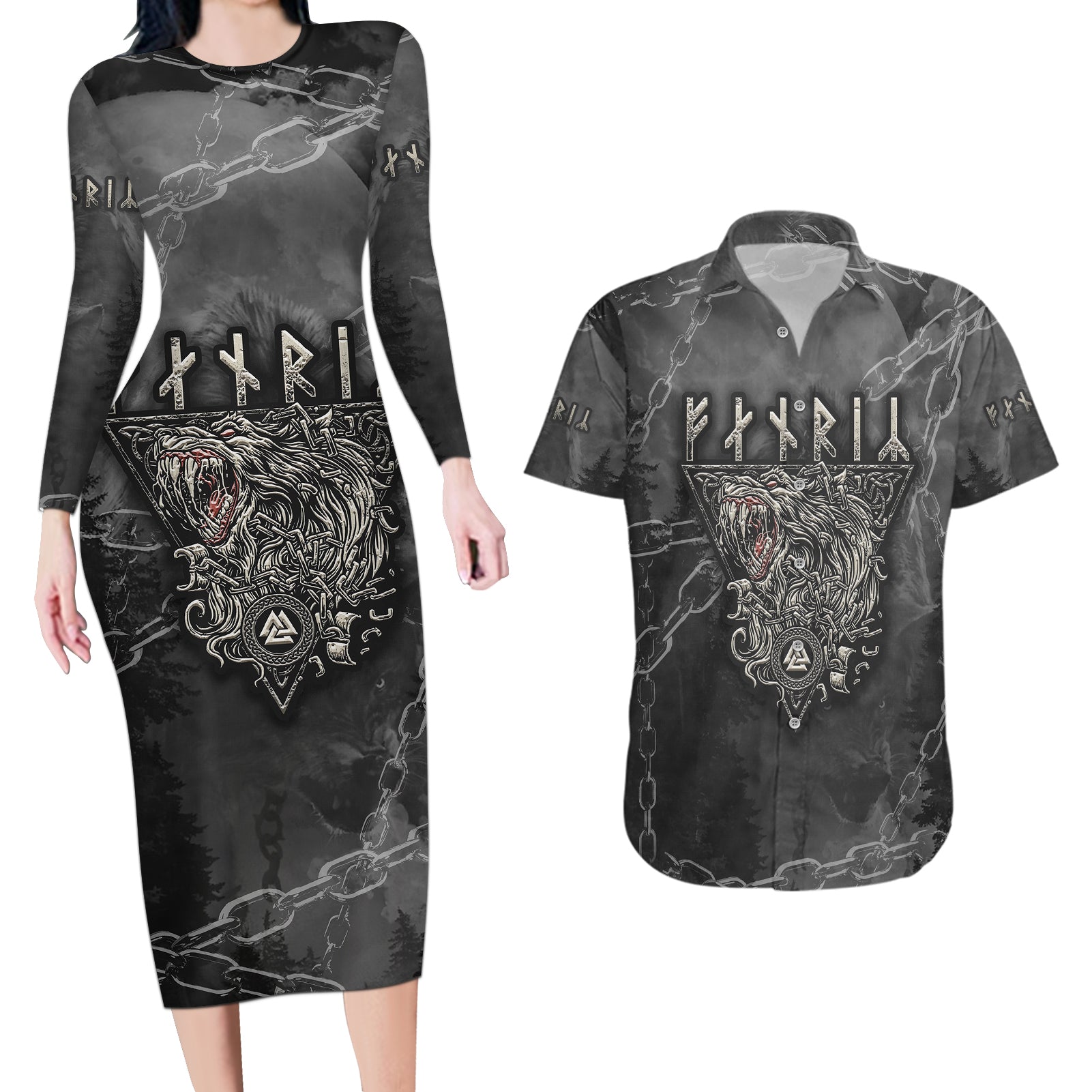 Fenir Viking Couples Matching Long Sleeve Bodycon Dress and Hawaiian Shirt Better to be a Wolf of Odin - Wonder Print Shop