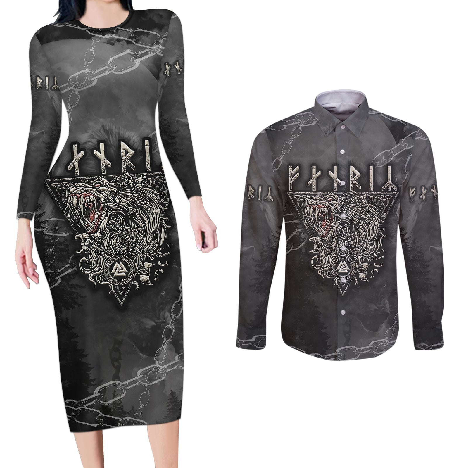 Fenir Viking Couples Matching Long Sleeve Bodycon Dress and Long Sleeve Button Shirts Better to be a Wolf of Odin - Wonder Print Shop