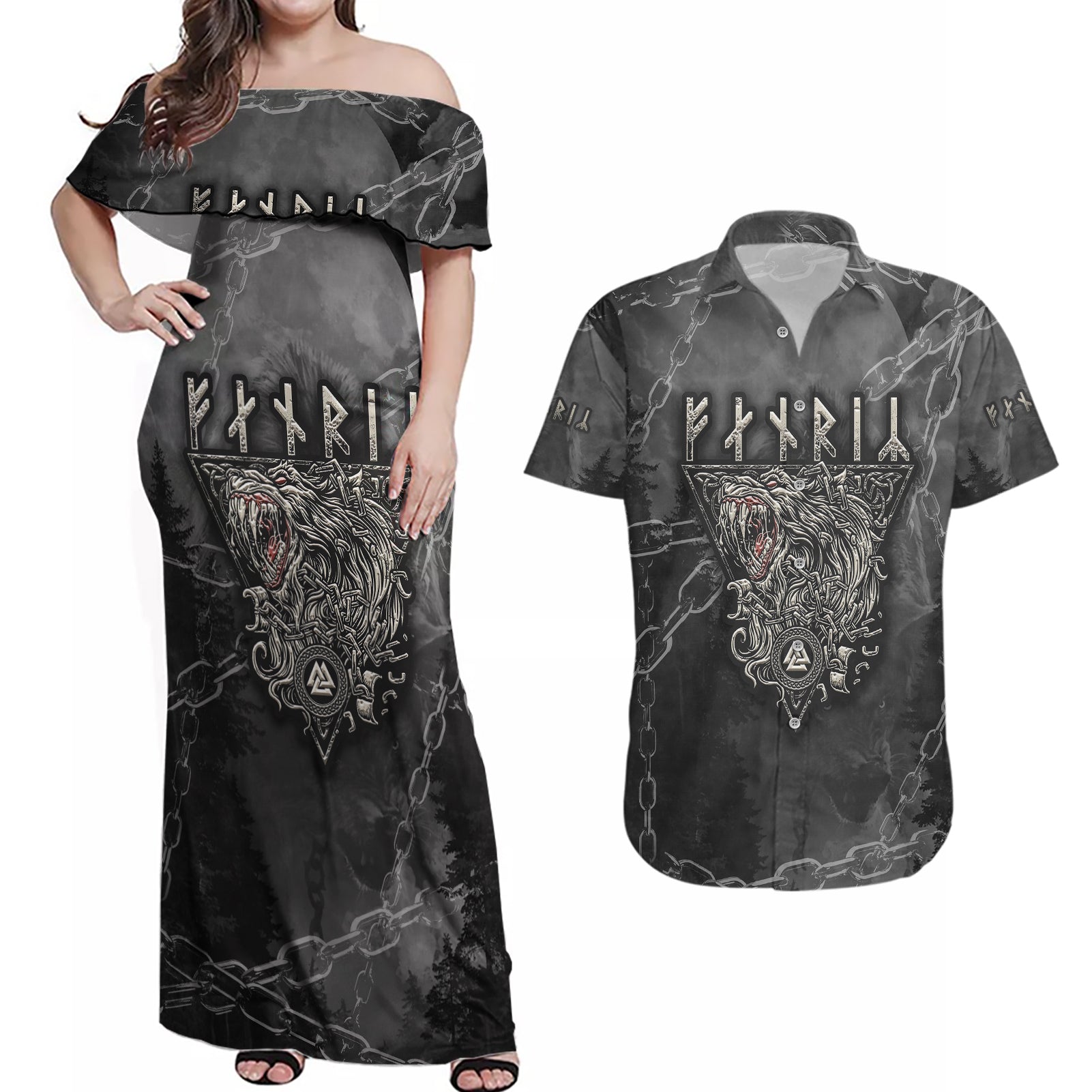 Fenir Viking Couples Matching Off Shoulder Maxi Dress and Hawaiian Shirt Better to be a Wolf of Odin - Wonder Print Shop