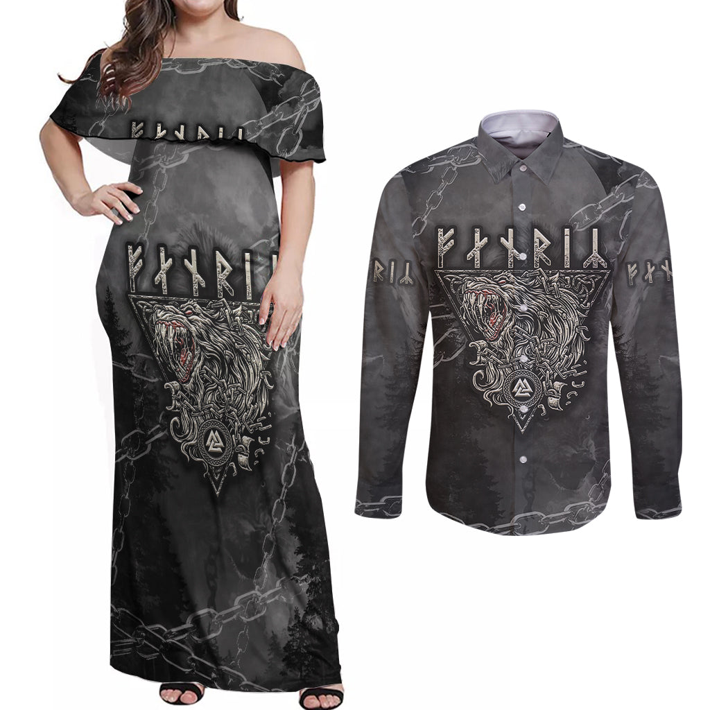 Fenir Viking Couples Matching Off Shoulder Maxi Dress and Long Sleeve Button Shirts Better to be a Wolf of Odin - Wonder Print Shop