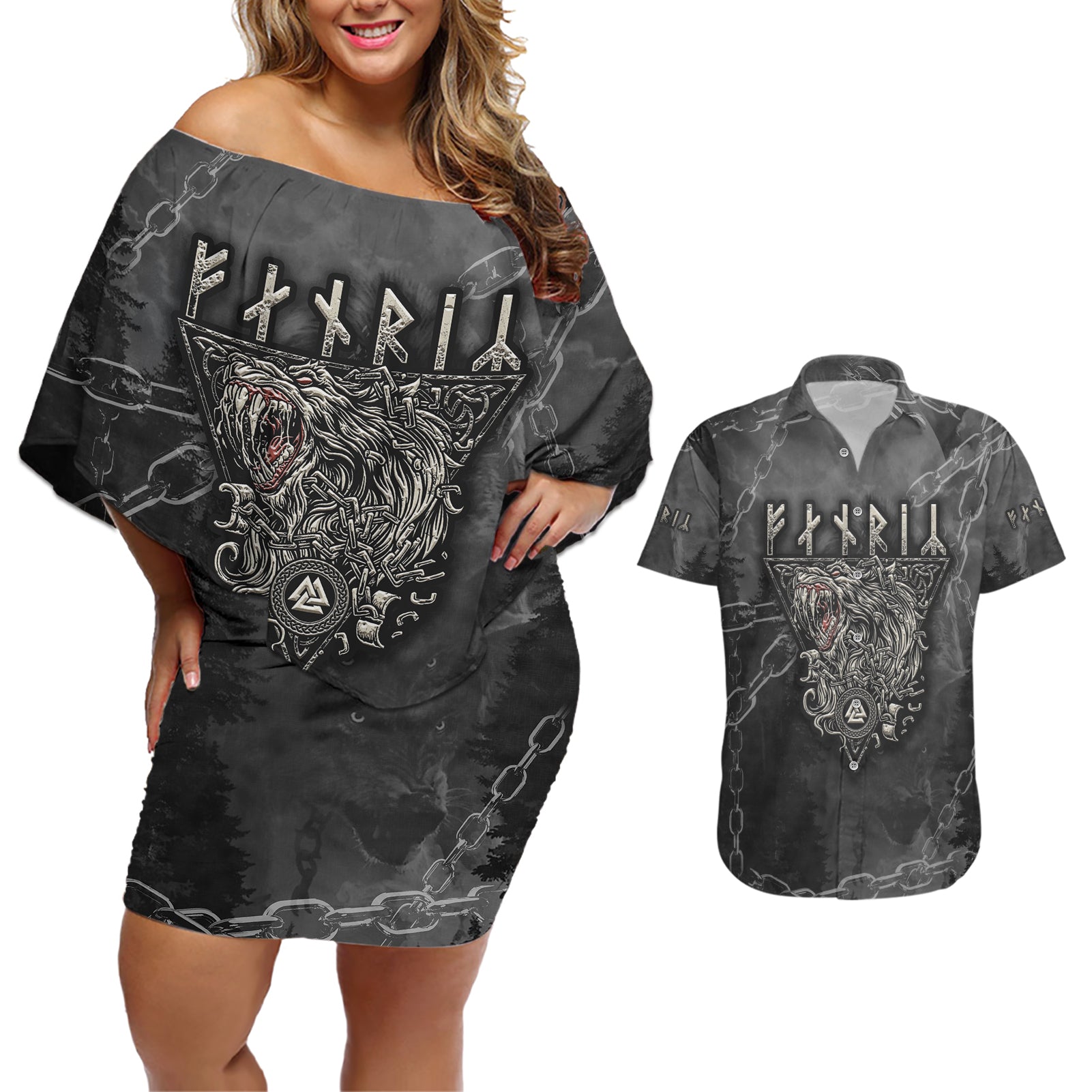 Fenir Viking Couples Matching Off Shoulder Short Dress and Hawaiian Shirt Better to be a Wolf of Odin - Wonder Print Shop