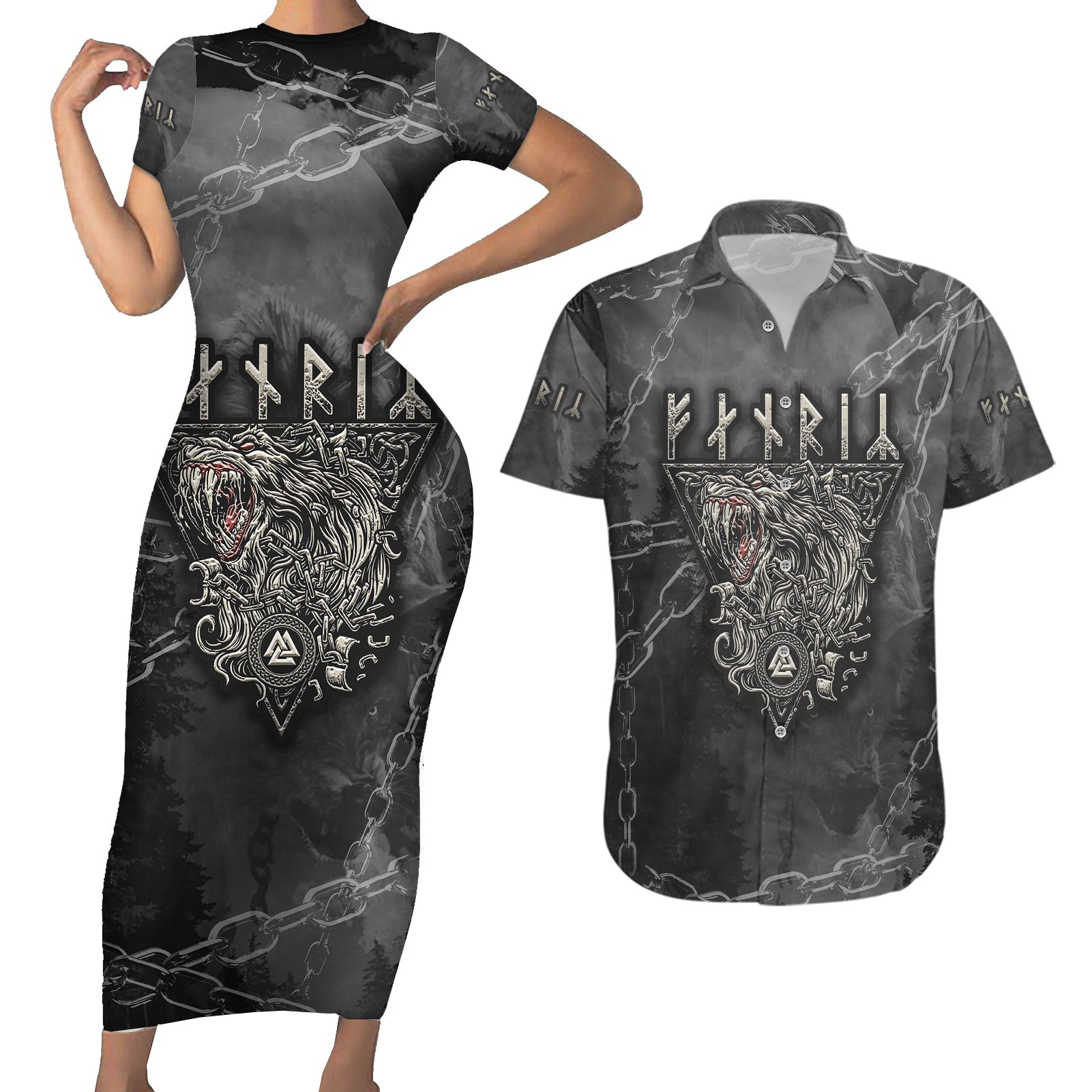 Fenir Viking Couples Matching Short Sleeve Bodycon Dress and Hawaiian Shirt Better to be a Wolf of Odin - Wonder Print Shop