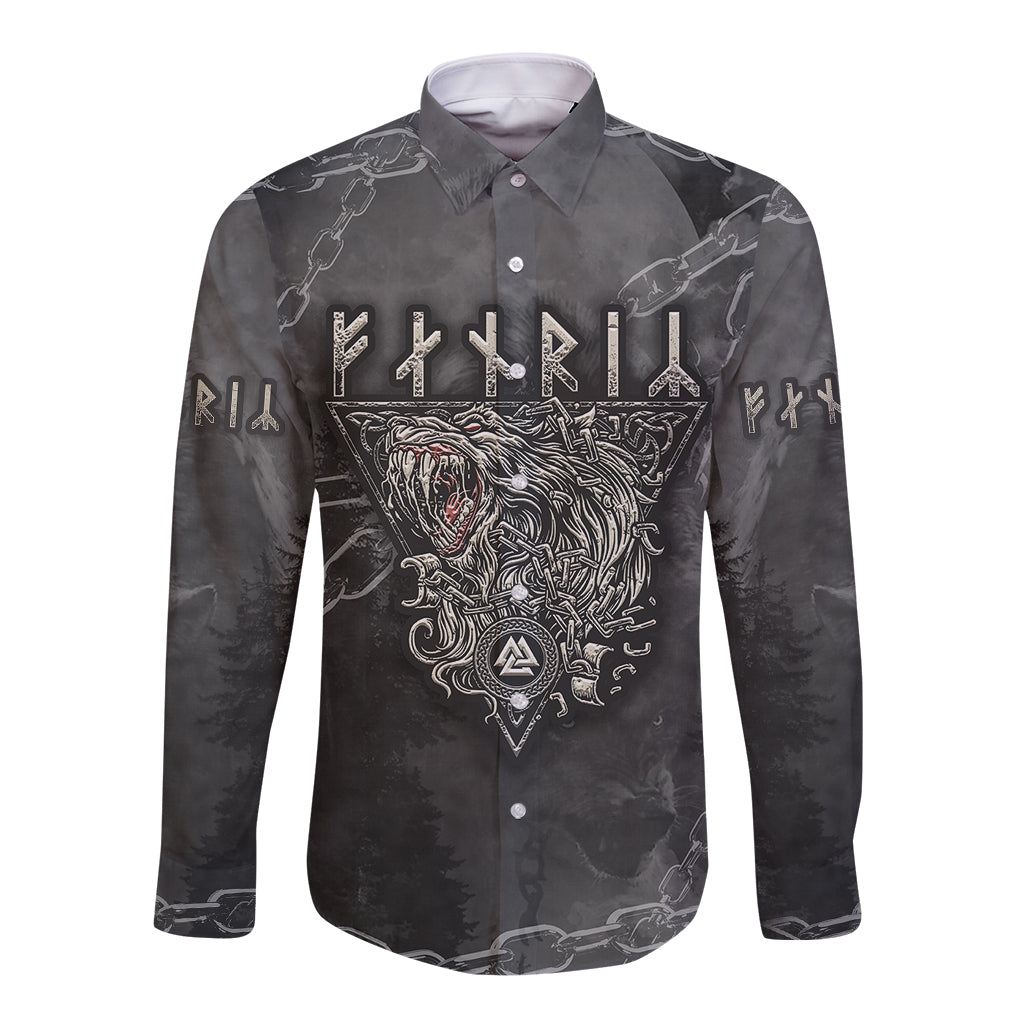 Black long-sleeve button shirt with wolf graphic, front