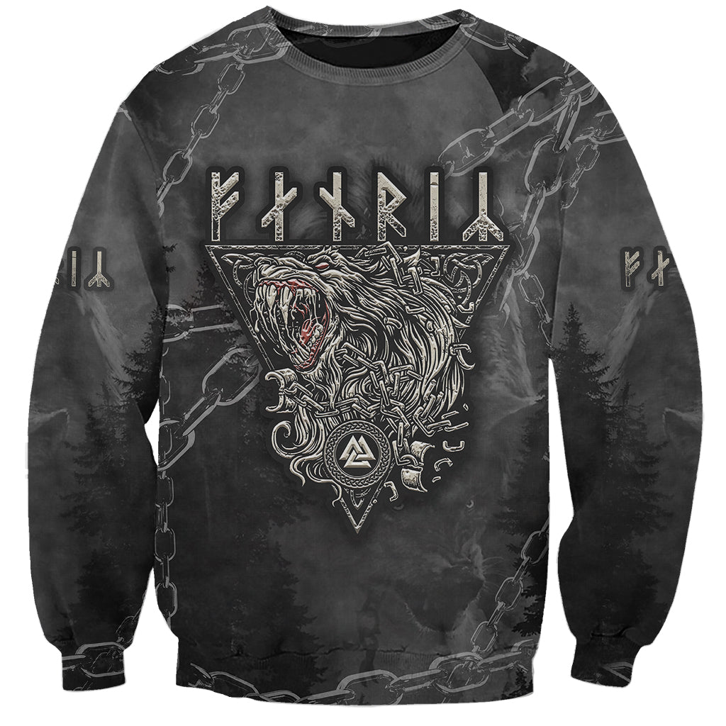 Unisex black sweatshirt with white wolf head graphic and rune chain pattern