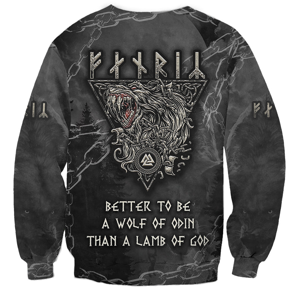 Unisex black sweatshirt with wolf graphic and rune-style quote text