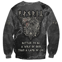 Unisex black sweatshirt with wolf graphic and rune-style quote text