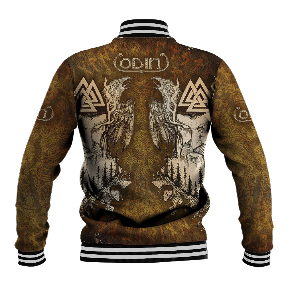 Unisex varsity jacket back view, dark yellow with Odin lettering and winged emblem