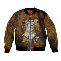 Unisex bomber jacket, front zip; dark yellow with white raven and forest artwork