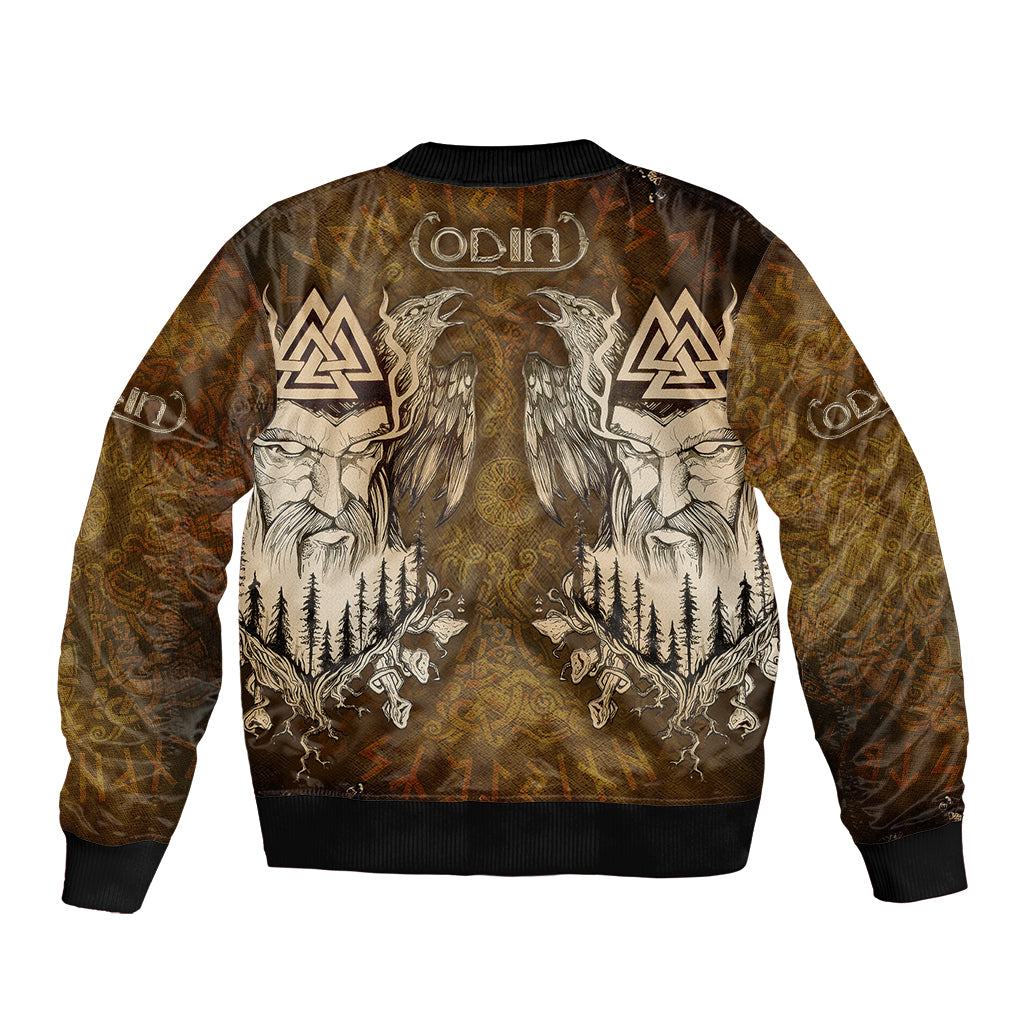 Unisex bomber jacket, back view; dark yellow with white ravens, forest scene, and runes