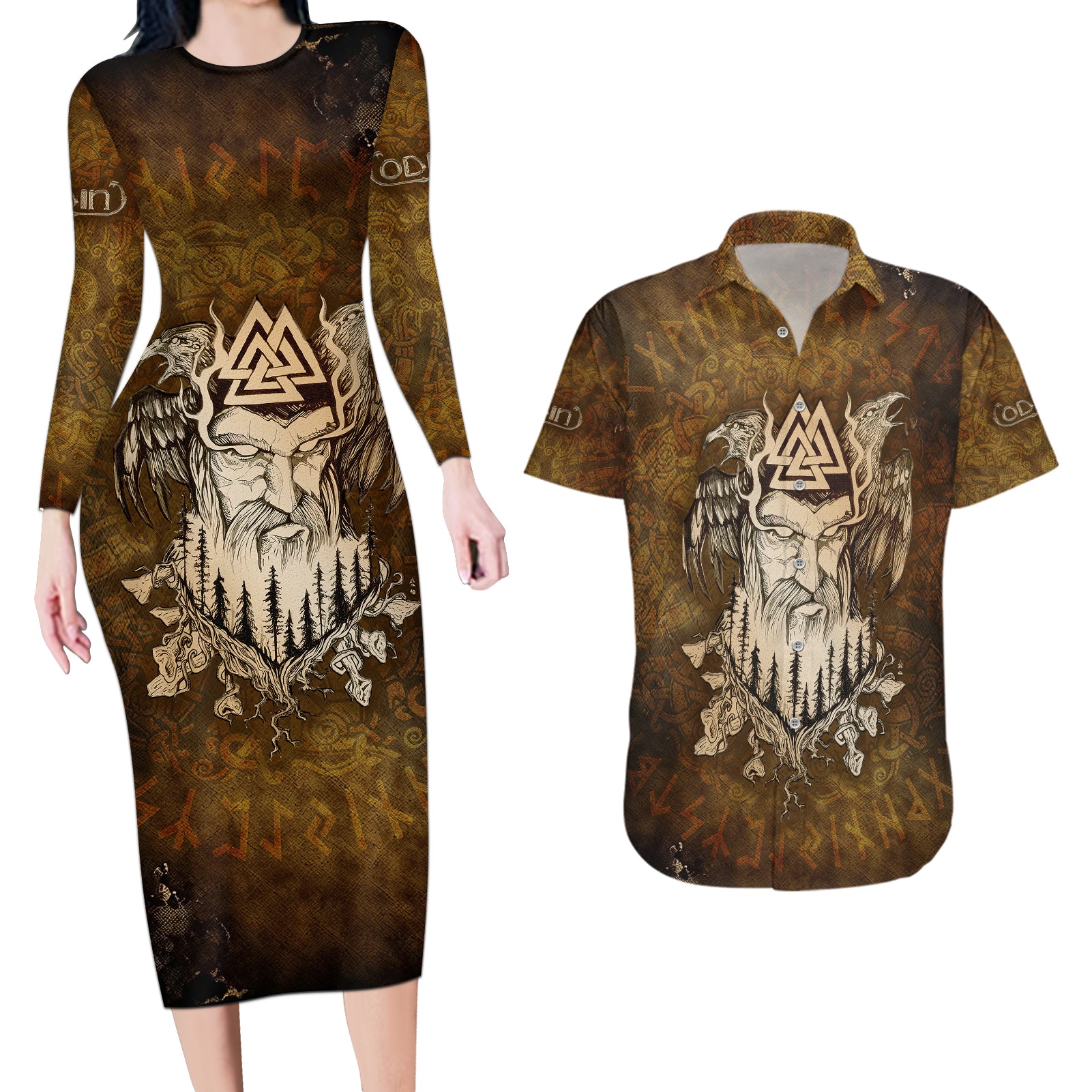 Odin Viking Couples Matching Long Sleeve Bodycon Dress and Hawaiian Shirt Valknut, Ravens, and Enchanted Forest - Wonder Print Shop