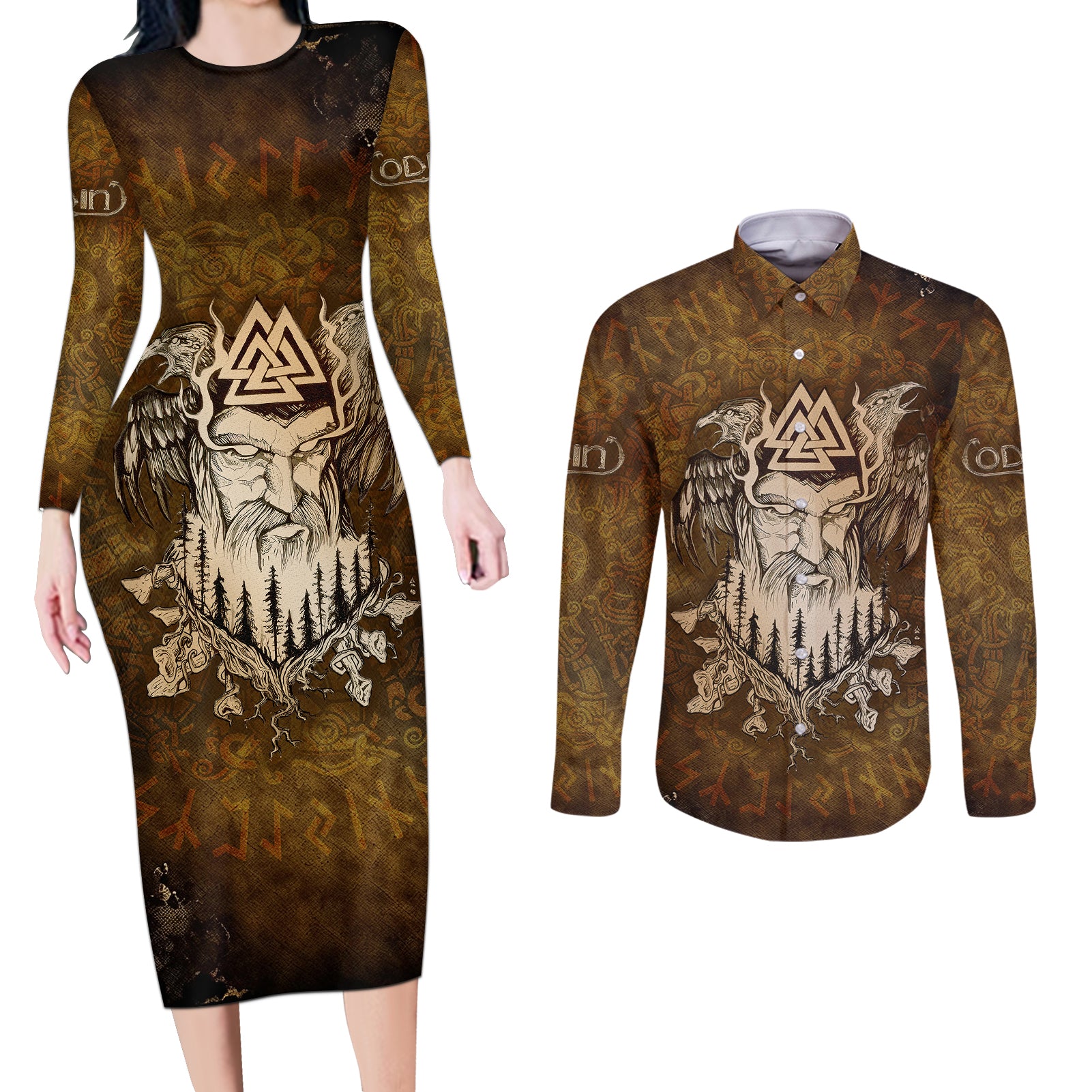 Odin Viking Couples Matching Long Sleeve Bodycon Dress and Long Sleeve Button Shirts Valknut, Ravens, and Enchanted Forest - Wonder Print Shop