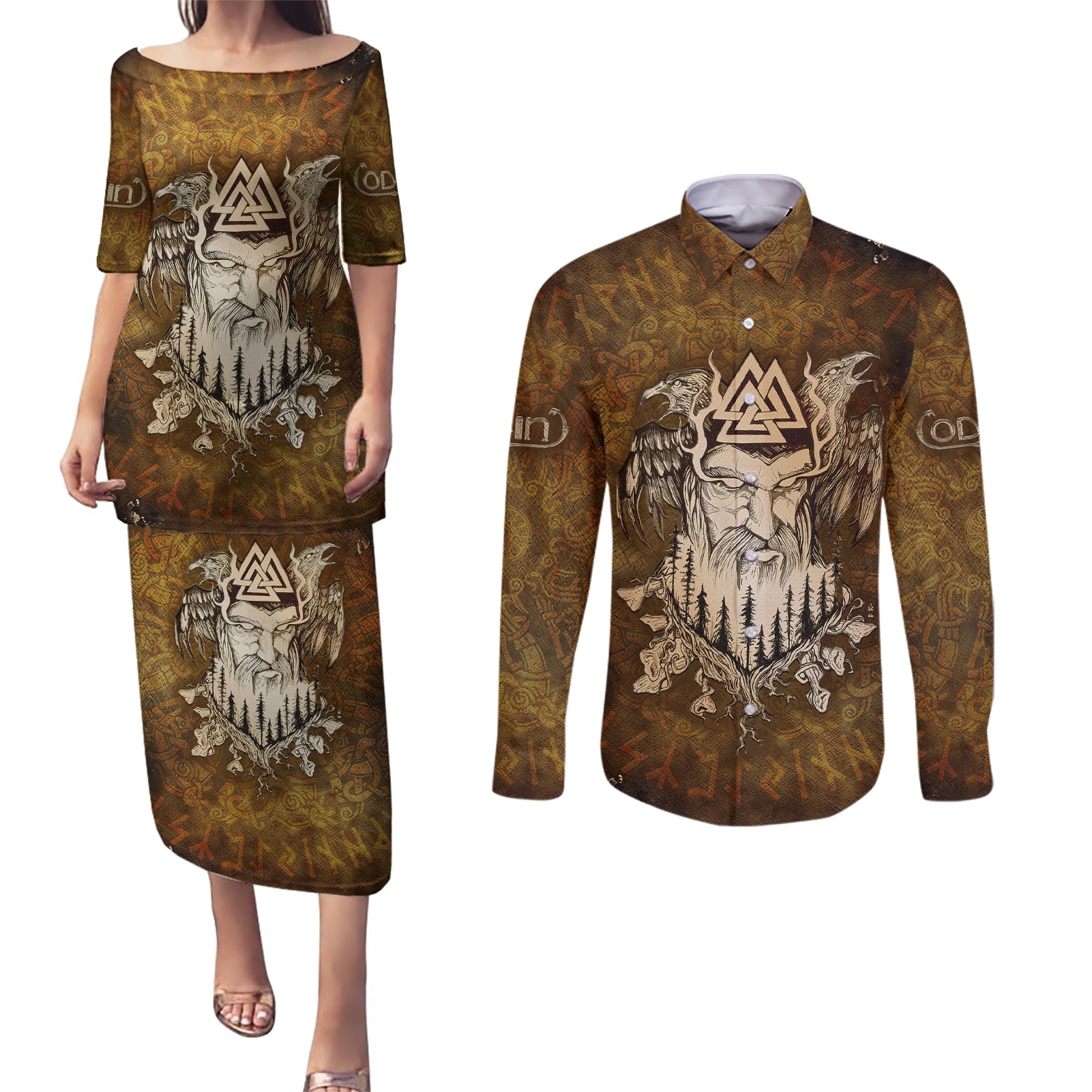 Odin Viking Couples Matching Puletasi Dress and Long Sleeve Button Shirts Valknut, Ravens, and Enchanted Forest - Wonder Print Shop