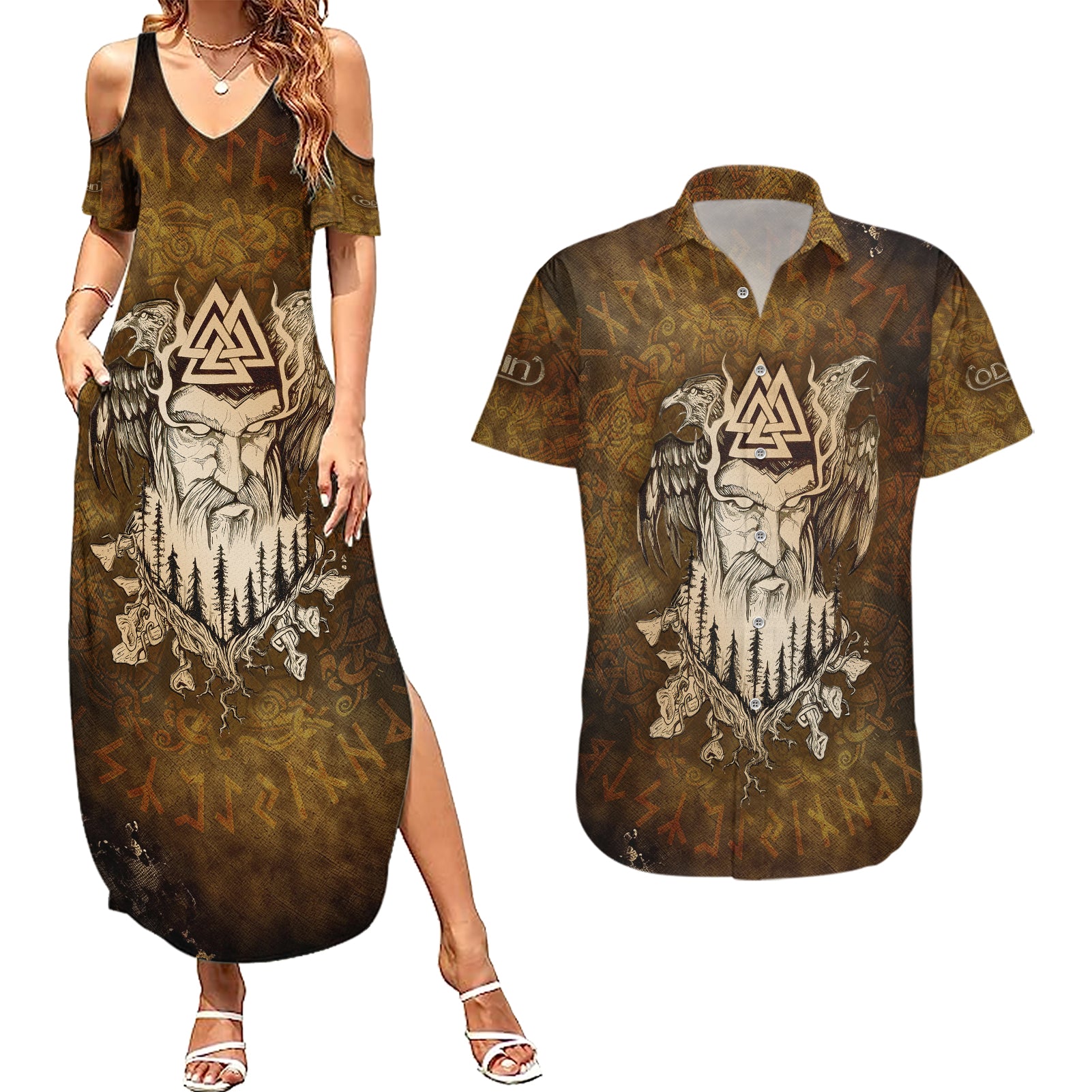 Odin Viking Couples Matching Summer Maxi Dress and Hawaiian Shirt Valknut, Ravens, and Enchanted Forest - Wonder Print Shop