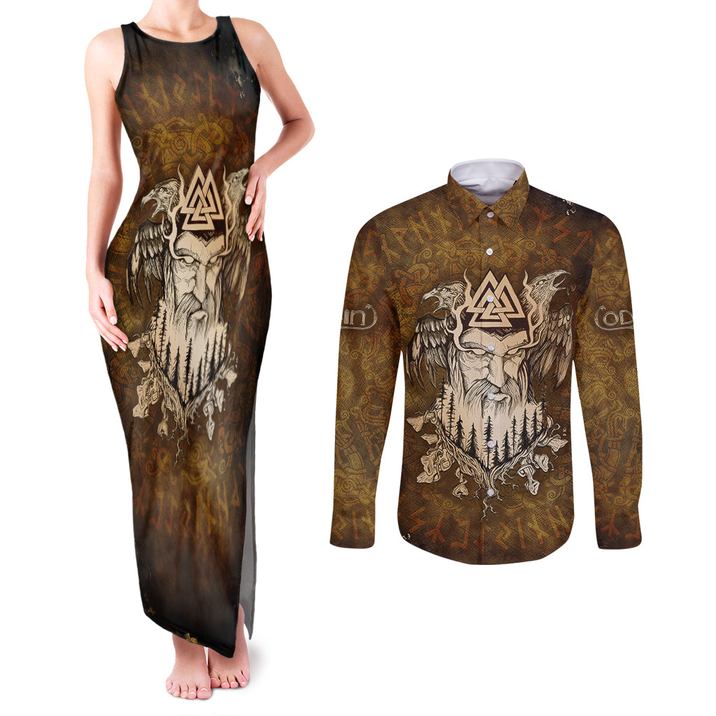 Odin Viking Couples Matching Tank Maxi Dress and Long Sleeve Button Shirts Valknut, Ravens, and Enchanted Forest - Wonder Print Shop