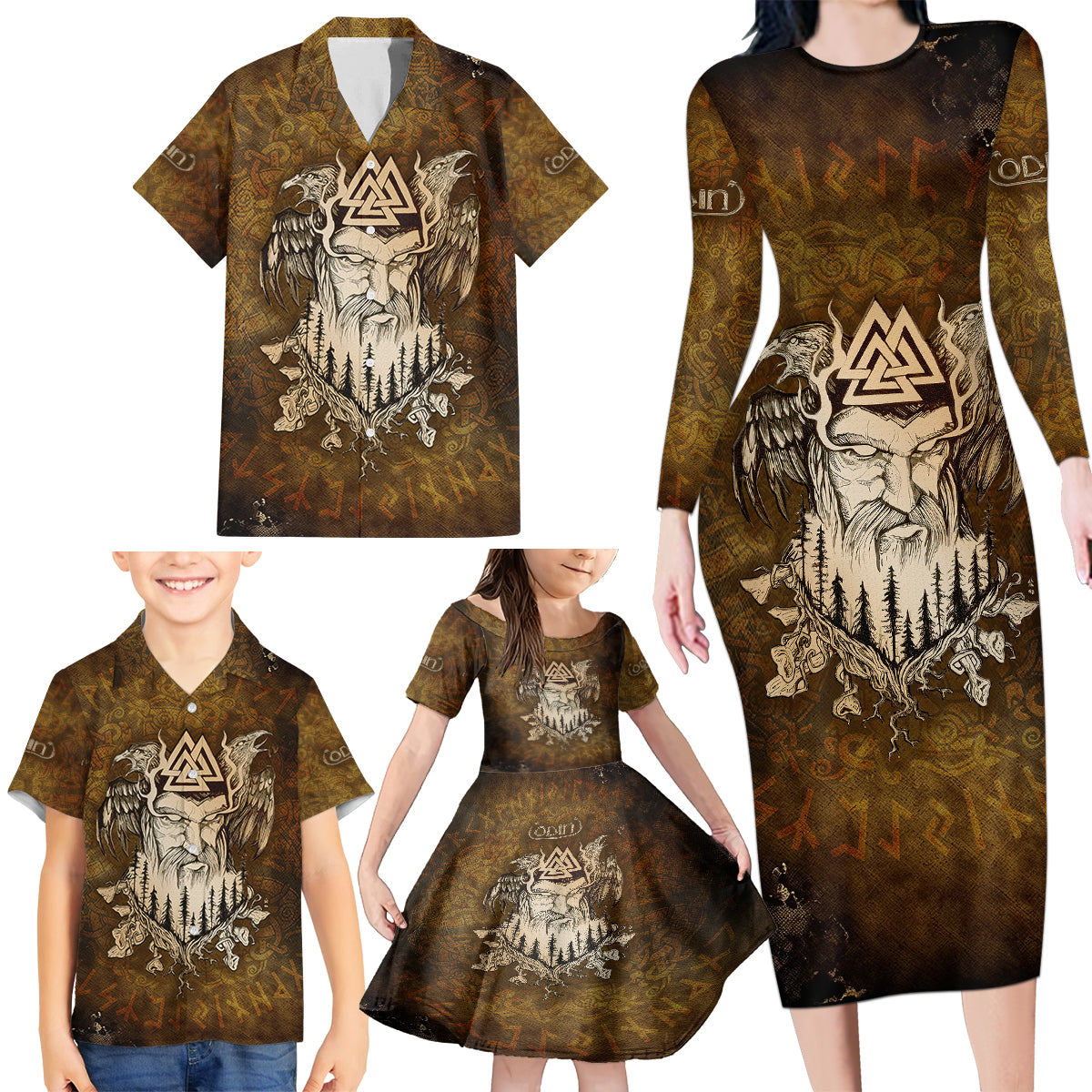 Odin Viking Family Matching Long Sleeve Bodycon Dress and Hawaiian Shirt Valknut, Ravens, and Enchanted Forest - Wonder Print Shop