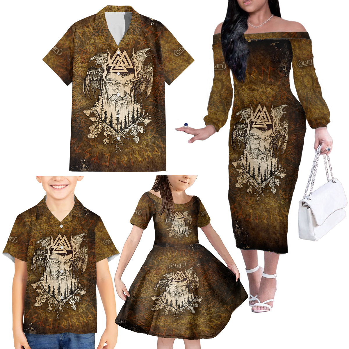 Odin Viking Family Matching Off Shoulder Long Sleeve Dress and Hawaiian Shirt Valknut, Ravens, and Enchanted Forest - Wonder Print Shop